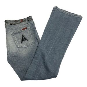 7 For All Mankind Flare Sz 28 Blue Studded Waist Distressed dark Havana jeans